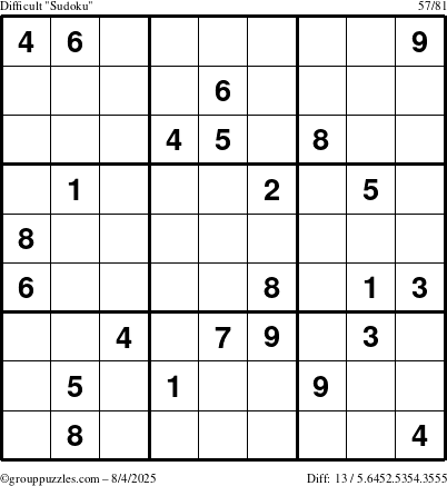 The grouppuzzles.com Difficult Sudoku puzzle for Monday August 4, 2025