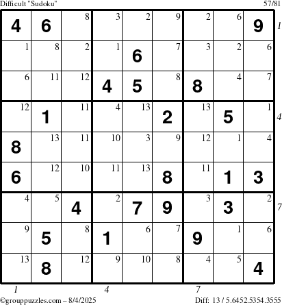 The grouppuzzles.com Difficult Sudoku puzzle for Monday August 4, 2025 with all 13 steps marked