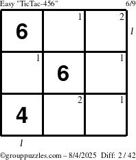 The grouppuzzles.com Easy TicTac-456 puzzle for Monday August 4, 2025 with all 2 steps marked