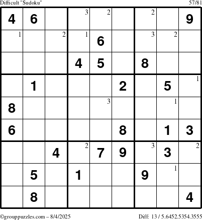 The grouppuzzles.com Difficult Sudoku puzzle for Monday August 4, 2025 with the first 3 steps marked