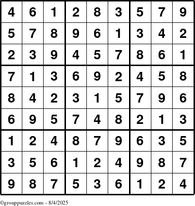 The grouppuzzles.com Answer grid for the Sudoku puzzle for Monday August 4, 2025