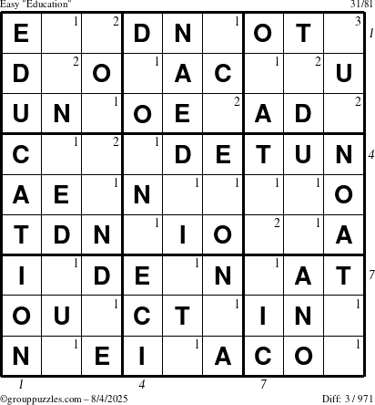 The grouppuzzles.com Easy Education-c1 puzzle for Monday August 4, 2025 with all 3 steps marked