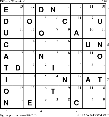 The grouppuzzles.com Difficult Education-c1 puzzle for Monday August 4, 2025 with all 13 steps marked