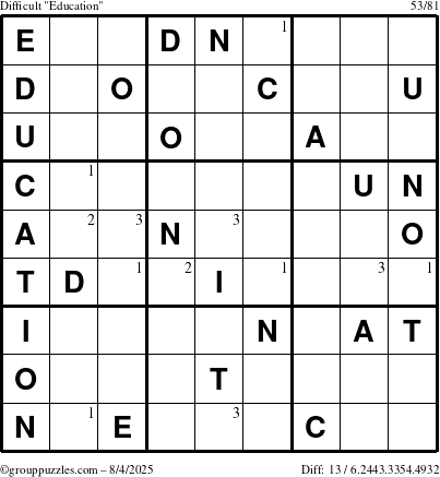 The grouppuzzles.com Difficult Education-c1 puzzle for Monday August 4, 2025 with the first 3 steps marked