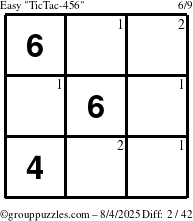 The grouppuzzles.com Easy TicTac-456 puzzle for Monday August 4, 2025 with the first 2 steps marked