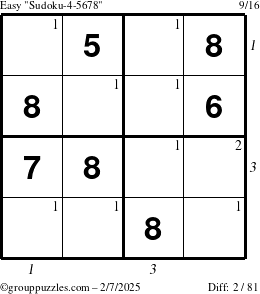 The grouppuzzles.com Easy Sudoku-4-5678 puzzle for Friday February 7, 2025, suitable for printing, with all 2 steps marked