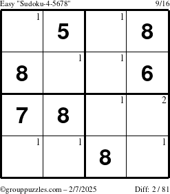 The grouppuzzles.com Easy Sudoku-4-5678 puzzle for Friday February 7, 2025 with the first 2 steps marked