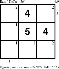 The grouppuzzles.com Easy TicTac-456 puzzle for Friday February 7, 2025 with all 2 steps marked