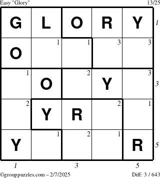 The grouppuzzles.com Easy Glory puzzle for Friday February 7, 2025 with all 3 steps marked