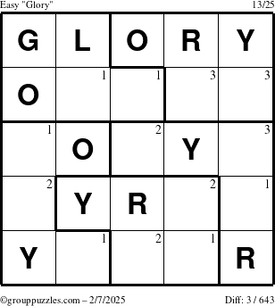 The grouppuzzles.com Easy Glory puzzle for Friday February 7, 2025 with the first 3 steps marked