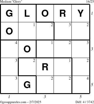 The grouppuzzles.com Medium Glory puzzle for Friday February 7, 2025 with all 4 steps marked