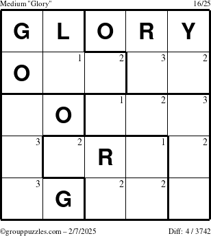 The grouppuzzles.com Medium Glory puzzle for Friday February 7, 2025 with the first 3 steps marked