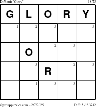 The grouppuzzles.com Difficult Glory puzzle for Friday February 7, 2025 with the first 3 steps marked