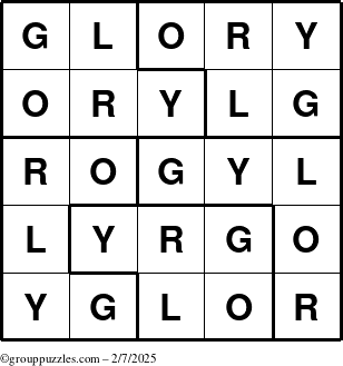 The grouppuzzles.com Answer grid for the Glory puzzle for Friday February 7, 2025