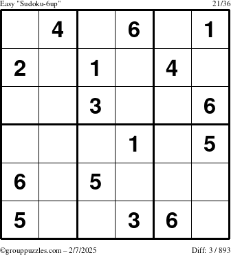 The grouppuzzles.com Easy Sudoku-6up puzzle for Friday February 7, 2025