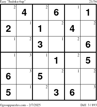 The grouppuzzles.com Easy Sudoku-6up puzzle for Friday February 7, 2025 with the first 3 steps marked