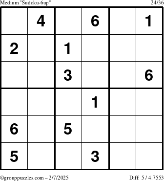 The grouppuzzles.com Medium Sudoku-6up puzzle for Friday February 7, 2025