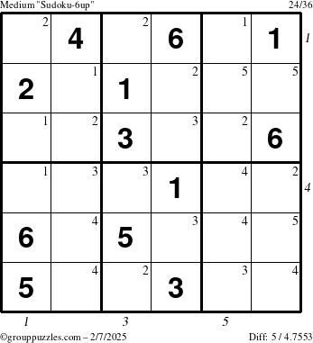 The grouppuzzles.com Medium Sudoku-6up puzzle for Friday February 7, 2025 with all 5 steps marked