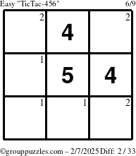 The grouppuzzles.com Easy TicTac-456 puzzle for Friday February 7, 2025 with the first 2 steps marked