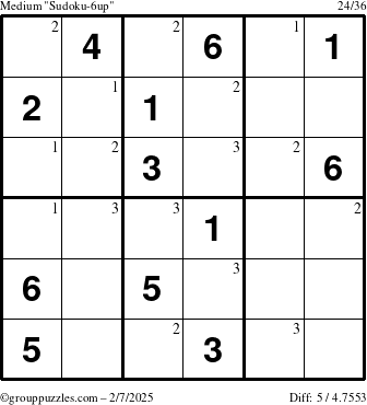 The grouppuzzles.com Medium Sudoku-6up puzzle for Friday February 7, 2025 with the first 3 steps marked