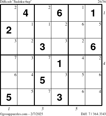 The grouppuzzles.com Difficult Sudoku-6up puzzle for Friday February 7, 2025 with all 7 steps marked