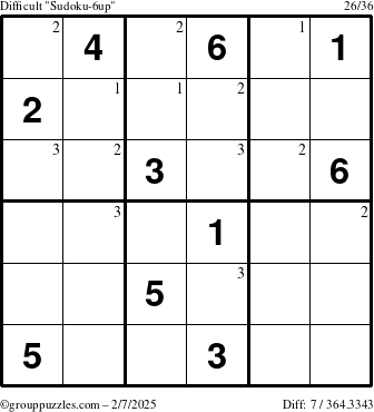 The grouppuzzles.com Difficult Sudoku-6up puzzle for Friday February 7, 2025 with the first 3 steps marked