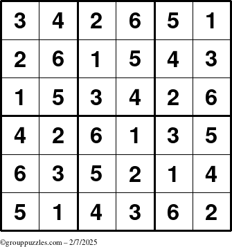 The grouppuzzles.com Answer grid for the Sudoku-6up puzzle for Friday February 7, 2025