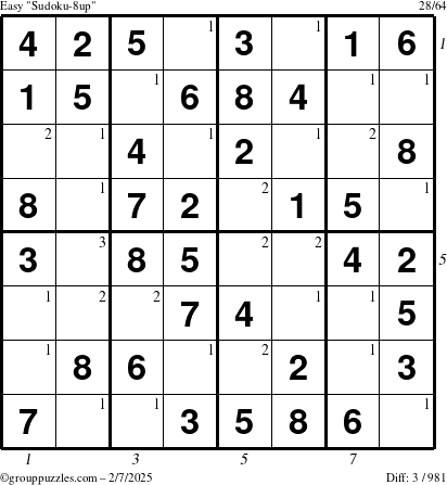 The grouppuzzles.com Easy Sudoku-8up puzzle for Friday February 7, 2025 with all 3 steps marked