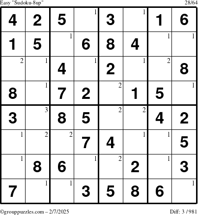 The grouppuzzles.com Easy Sudoku-8up puzzle for Friday February 7, 2025 with the first 3 steps marked