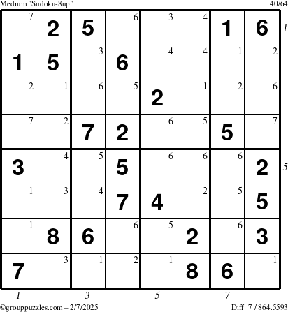 The grouppuzzles.com Medium Sudoku-8up puzzle for Friday February 7, 2025, suitable for printing, with all 7 steps marked