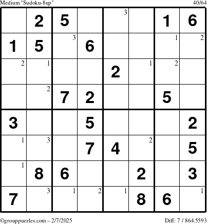 The grouppuzzles.com Medium Sudoku-8up puzzle for Friday February 7, 2025 with the first 3 steps marked