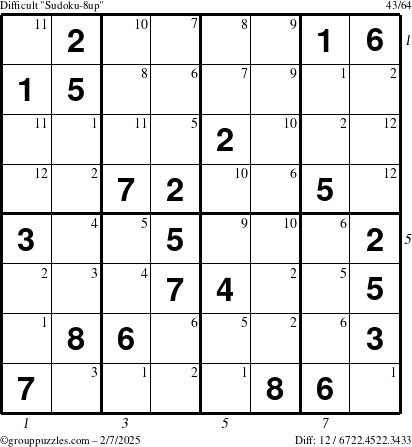 The grouppuzzles.com Difficult Sudoku-8up puzzle for Friday February 7, 2025 with all 12 steps marked