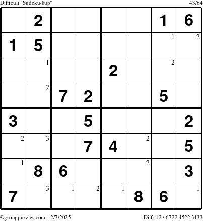 The grouppuzzles.com Difficult Sudoku-8up puzzle for Friday February 7, 2025 with the first 3 steps marked