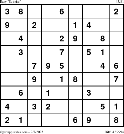 The grouppuzzles.com Easy Sudoku puzzle for Friday February 7, 2025