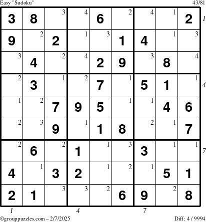 The grouppuzzles.com Easy Sudoku puzzle for Friday February 7, 2025 with all 4 steps marked