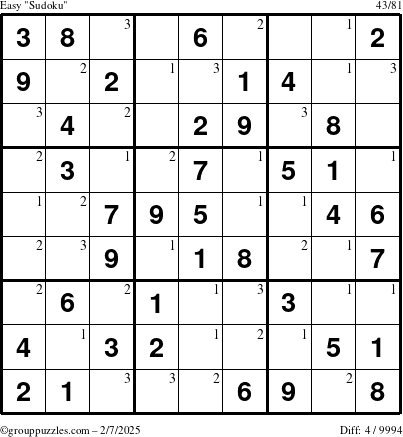 The grouppuzzles.com Easy Sudoku puzzle for Friday February 7, 2025 with the first 3 steps marked