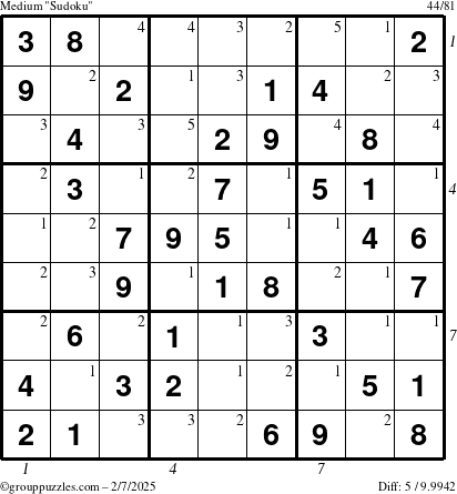 The grouppuzzles.com Medium Sudoku puzzle for Friday February 7, 2025, suitable for printing, with all 5 steps marked