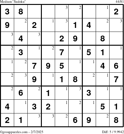 The grouppuzzles.com Medium Sudoku puzzle for Friday February 7, 2025 with the first 3 steps marked