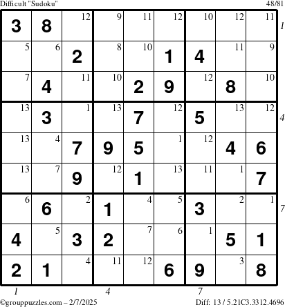 The grouppuzzles.com Difficult Sudoku puzzle for Friday February 7, 2025 with all 13 steps marked