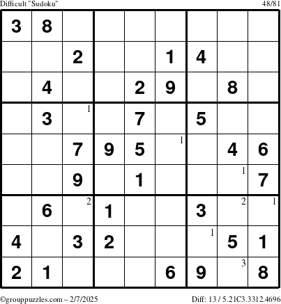 The grouppuzzles.com Difficult Sudoku puzzle for Friday February 7, 2025 with the first 3 steps marked