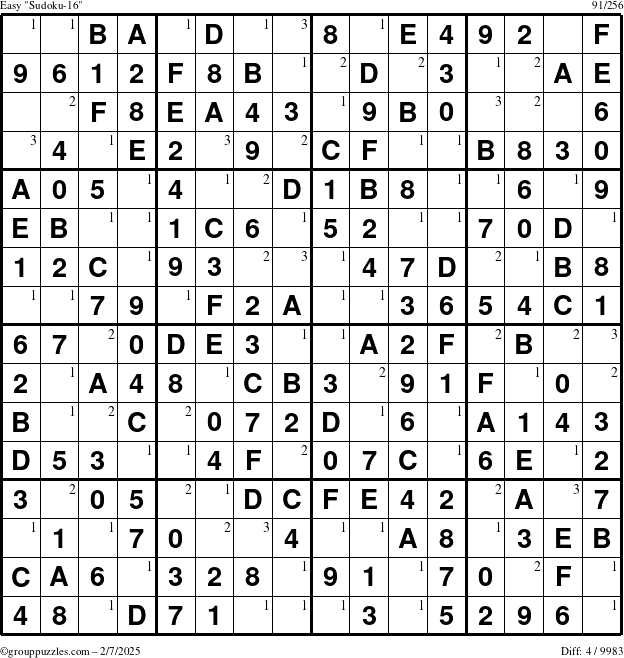 The grouppuzzles.com Easy Sudoku-16 puzzle for Friday February 7, 2025 with the first 3 steps marked