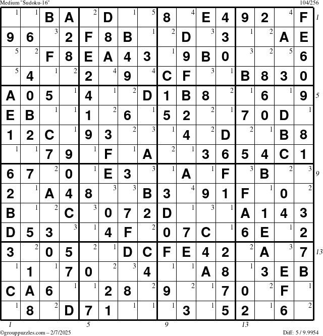 The grouppuzzles.com Medium Sudoku-16 puzzle for Friday February 7, 2025 with all 5 steps marked