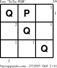 The grouppuzzles.com Easy TicTac-PQR puzzle for Friday February 7, 2025, suitable for printing, with all 2 steps marked