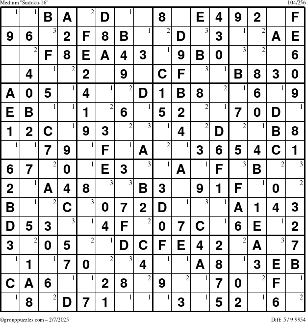 The grouppuzzles.com Medium Sudoku-16 puzzle for Friday February 7, 2025 with the first 3 steps marked