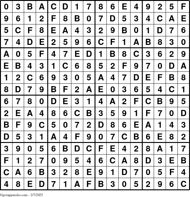 The grouppuzzles.com Answer grid for the Sudoku-16 puzzle for Friday February 7, 2025