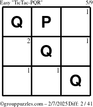 The grouppuzzles.com Easy TicTac-PQR puzzle for Friday February 7, 2025 with the first 2 steps marked