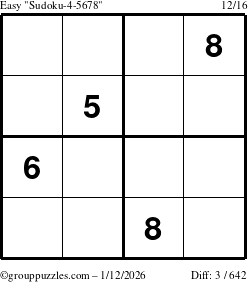 The grouppuzzles.com Easy Sudoku-4-5678 puzzle for Monday January 12, 2026