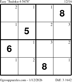 The grouppuzzles.com Easy Sudoku-4-5678 puzzle for Monday January 12, 2026 with the first 3 steps marked