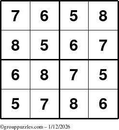 The grouppuzzles.com Answer grid for the Sudoku-4-5678 puzzle for Monday January 12, 2026