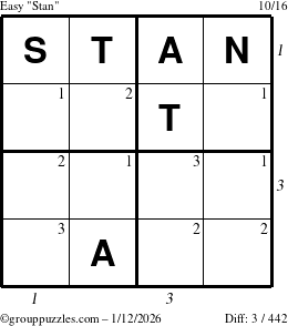 The grouppuzzles.com Easy Stan puzzle for Monday January 12, 2026, suitable for printing, with all 3 steps marked